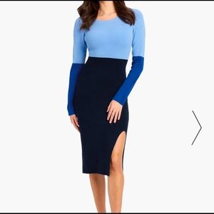 Bebe, Blue, Color block, Bodycon sweater dress, size X-Small with side slit